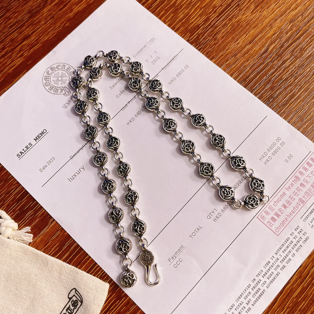 Chrome Hearts Silver Rose Chain Necklace